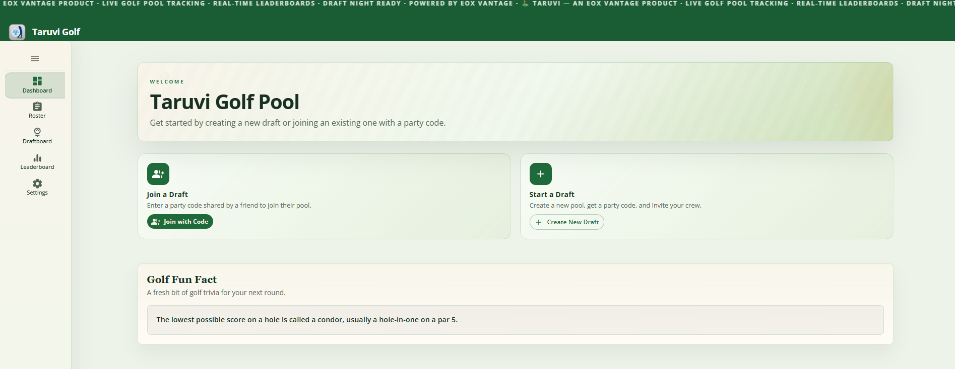 Taruvi Golf Pool dashboard: join a draft with a party code or start a new draft
