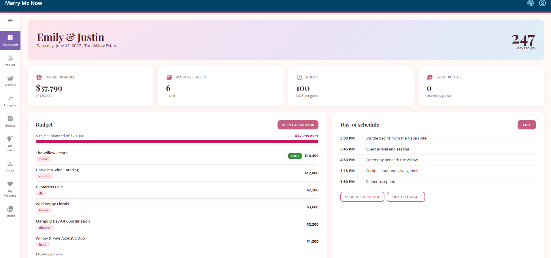 Marry Me Now wedding dashboard with a countdown, budget planned versus budget, vendors chosen, guest count, and a day-of schedule
