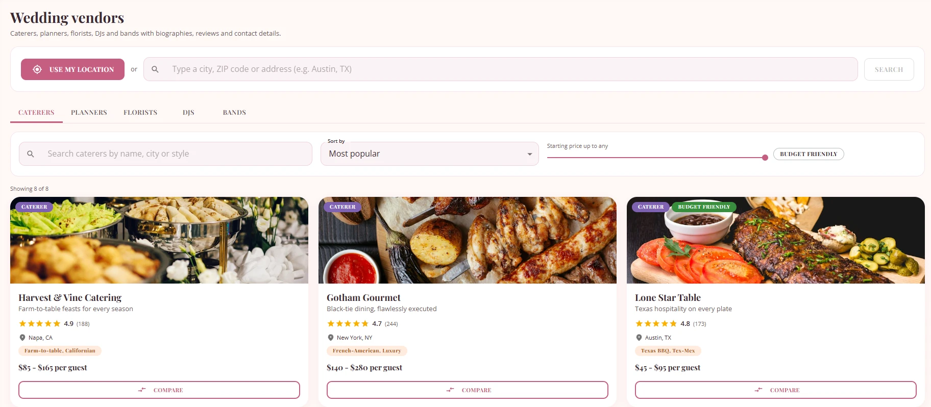 Wedding vendors directory of caterers, planners, florists, DJs, and bands with reviews and per-guest pricing