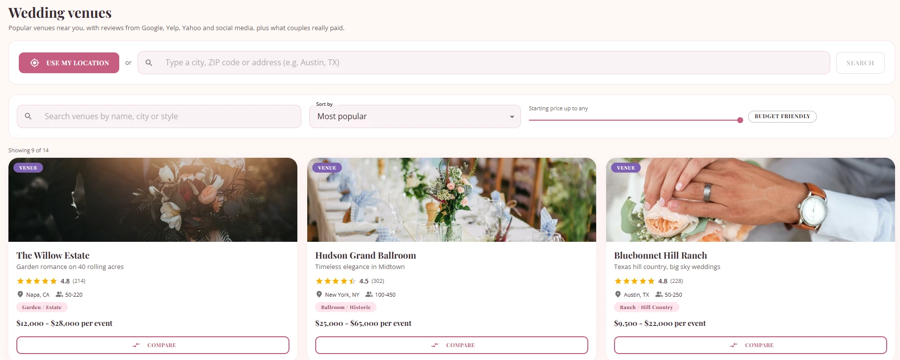 Wedding venues search with ratings, guest capacity, and per-event price ranges, each with a compare button