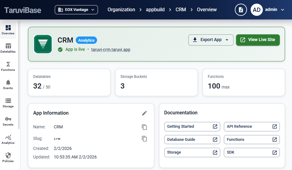 TaruviBase dashboard screenshot